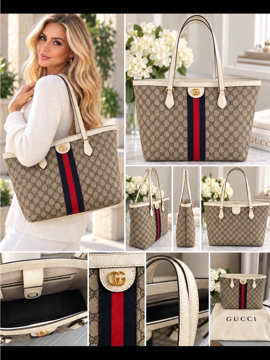 None Handbags - FASHION Beige Supreme Tote with Red & Blue Web Stripe and Cream Trim